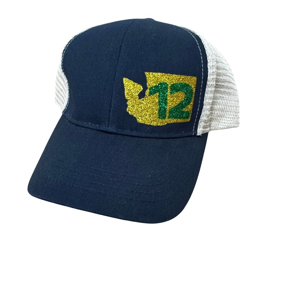 Seattle Seahawks 12th Man Navy & White Trucker Hat With Glitter State Graphic Sn